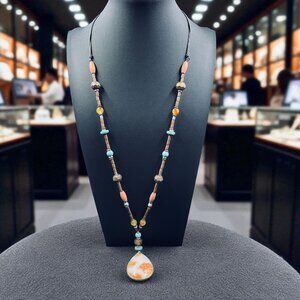 Boho Handmade Beaded Necklace With Orange White Jasper Teardrop Pendant 34 - 44"